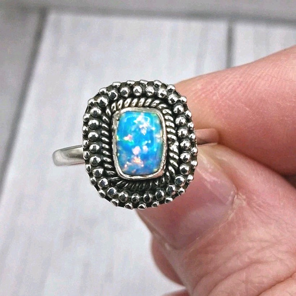 Blue Opal Eternity Band Navajo Sterling Silver Inlay Ring  Sterling Silver Blue Opal Ring Size 9 Native American Southwestern Style